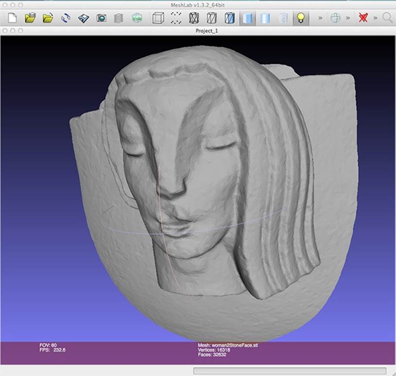 123D Catch scan of a stone face, shown in MeshLab