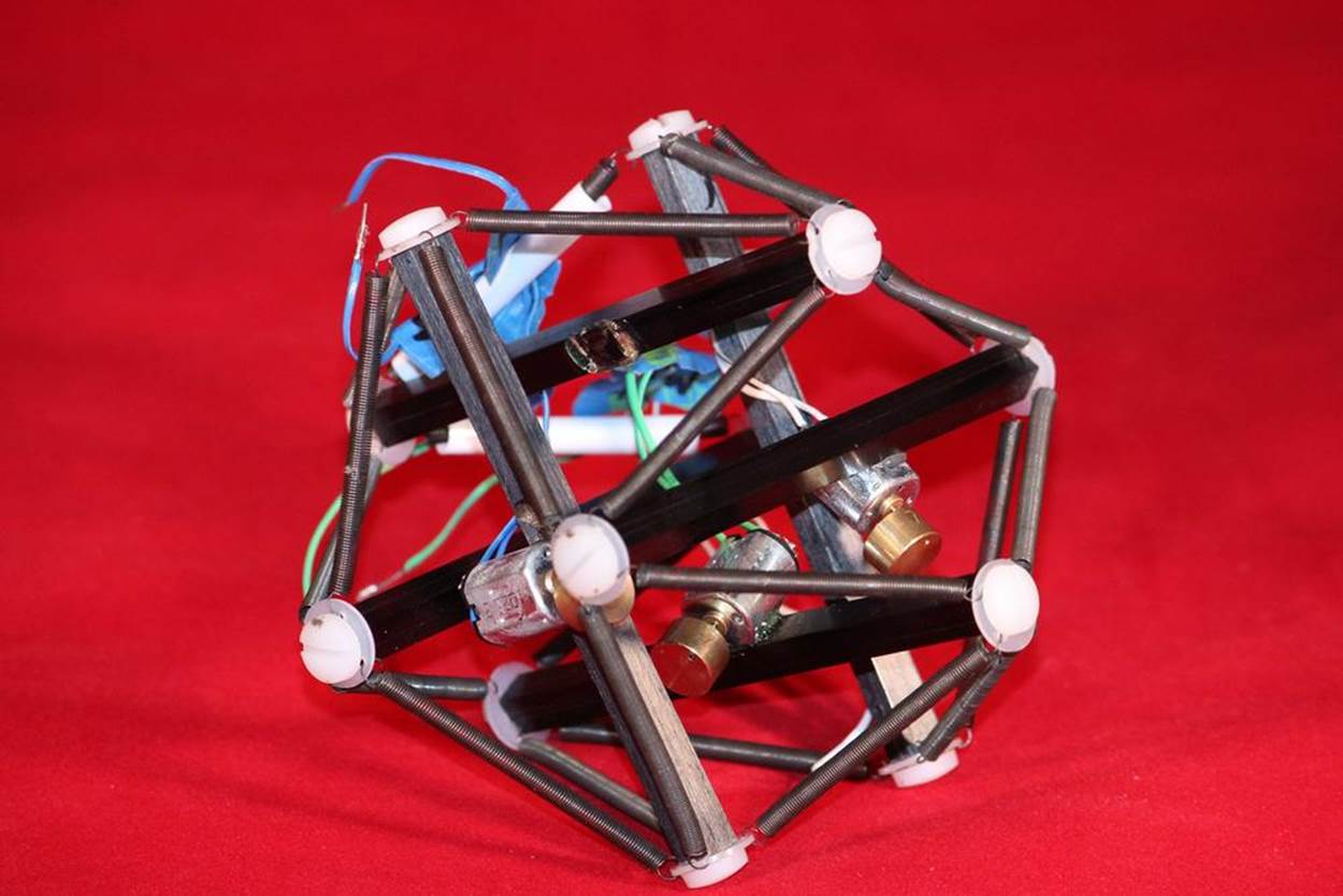 A tensegrity robot developed at Union College which can be steered using vibration. Credit: Steve Stangle.