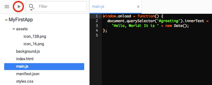main.js as created with the Chrome Dev Editor
