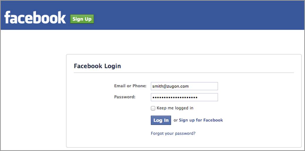 The Facebook login window