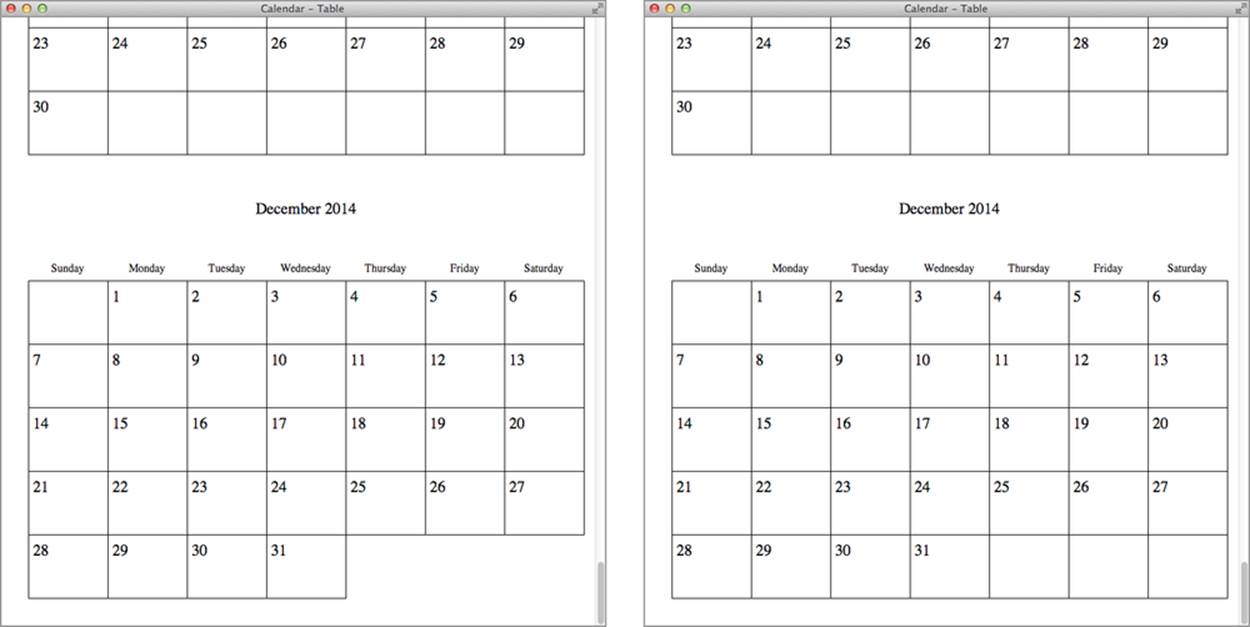Calendar with and without missing cells