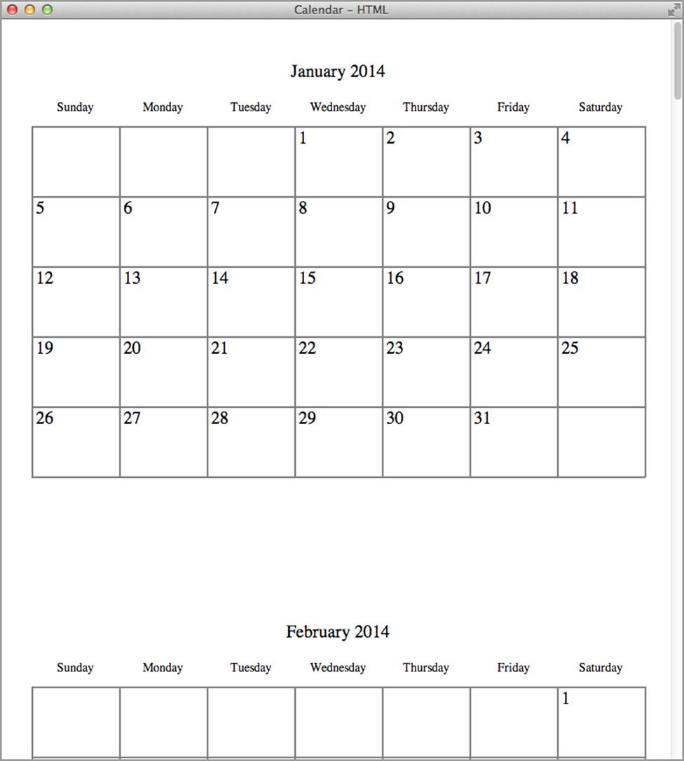 Calendar rendered as positioned HTML