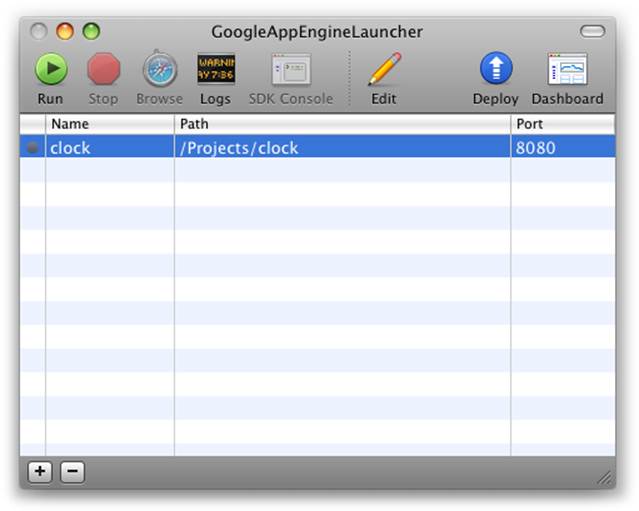 The Google App Engine Launcher for Mac OS X main window, with a project selected