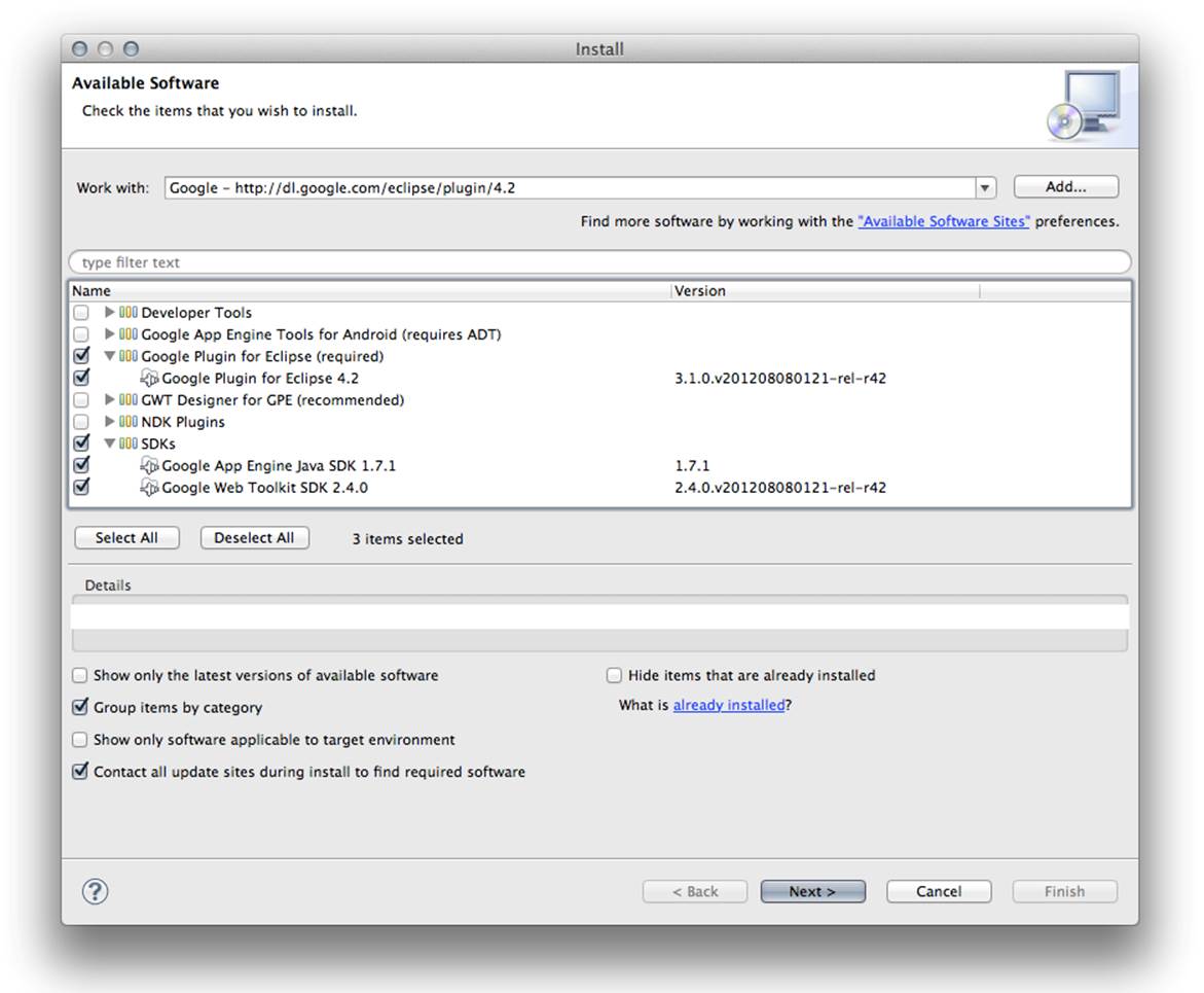 The Eclipse 4.2 (Juno) Install Software window, with the Google Plugin selected