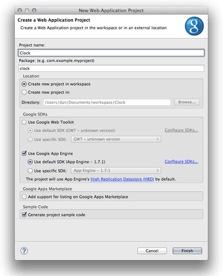 The Google Plugin for Eclipse New Web Application Project dialog, with values for the Clock application