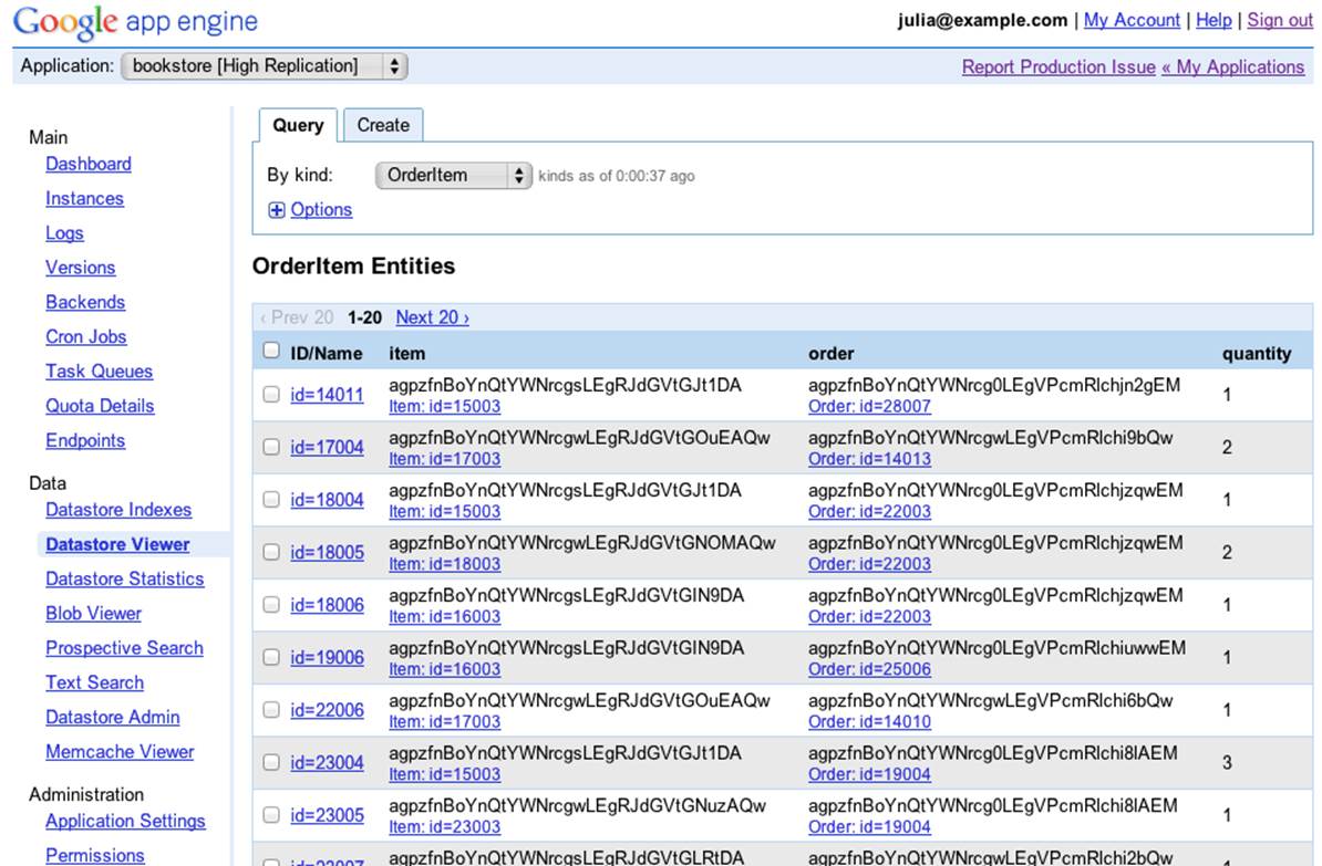 The Datastore Viewer panel of the Administration Console