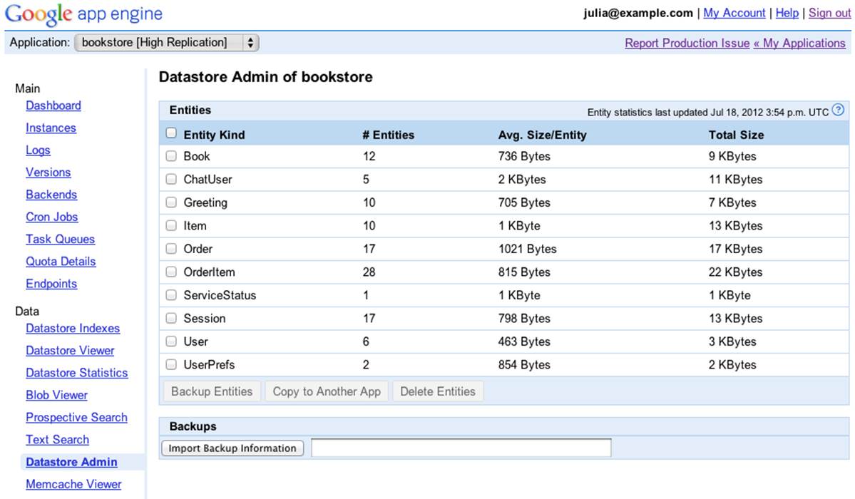 The Datastore Admin panel of the Administration Console (enabled)