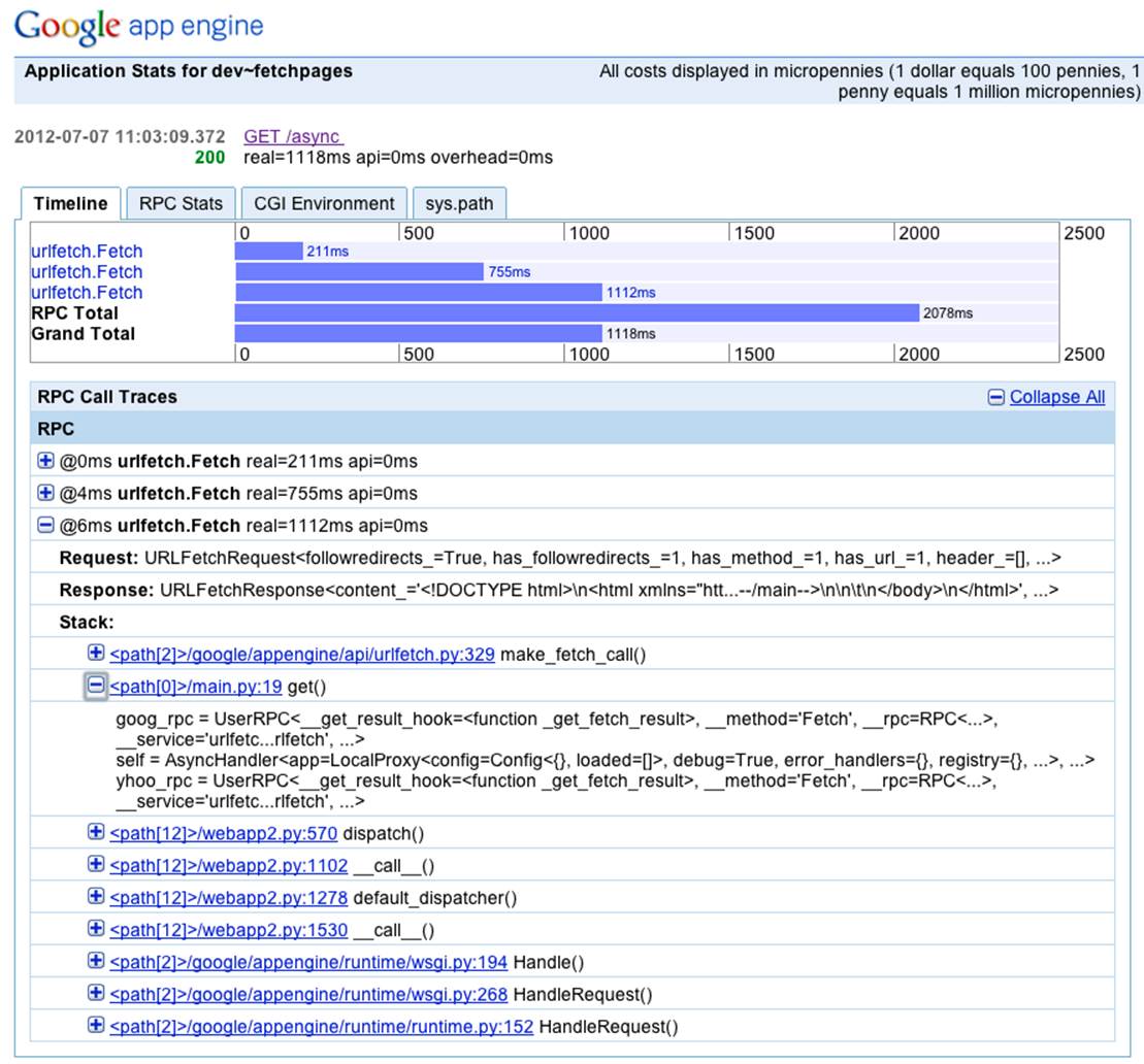 The AppStats Console request details page, Python version with stack trace