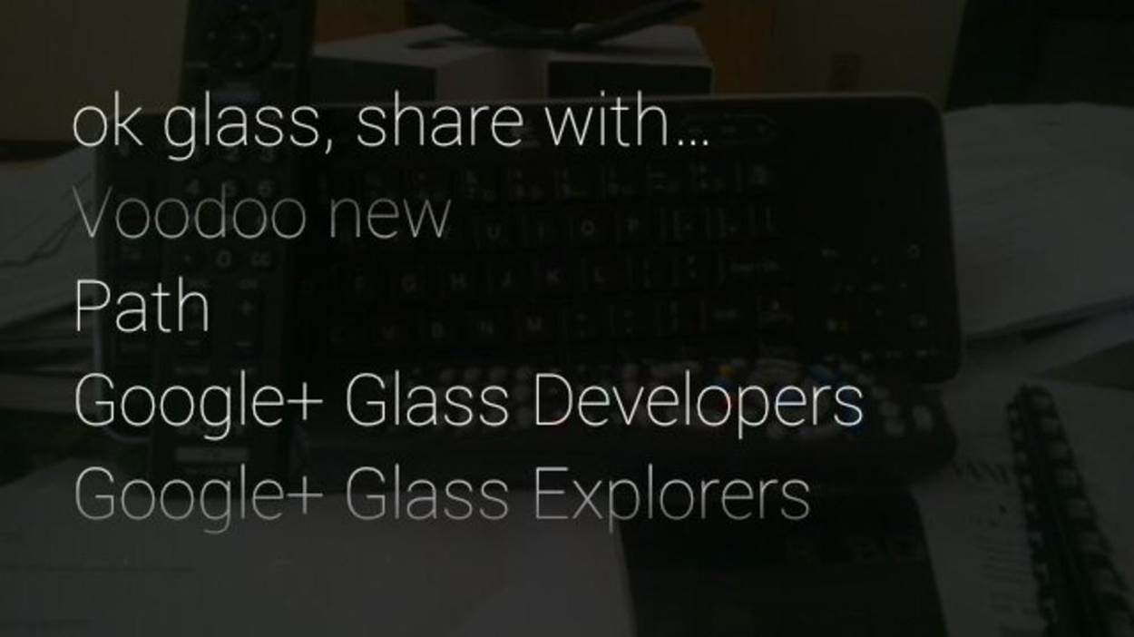 The Share voice command displays all of the available Glassware that can handle the resource a user is sharing