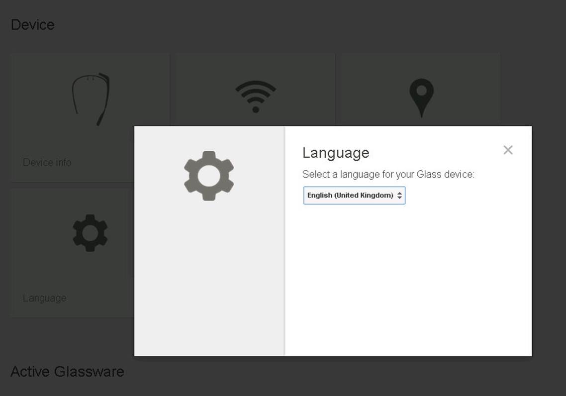 The Language setting dialog in MyGlass