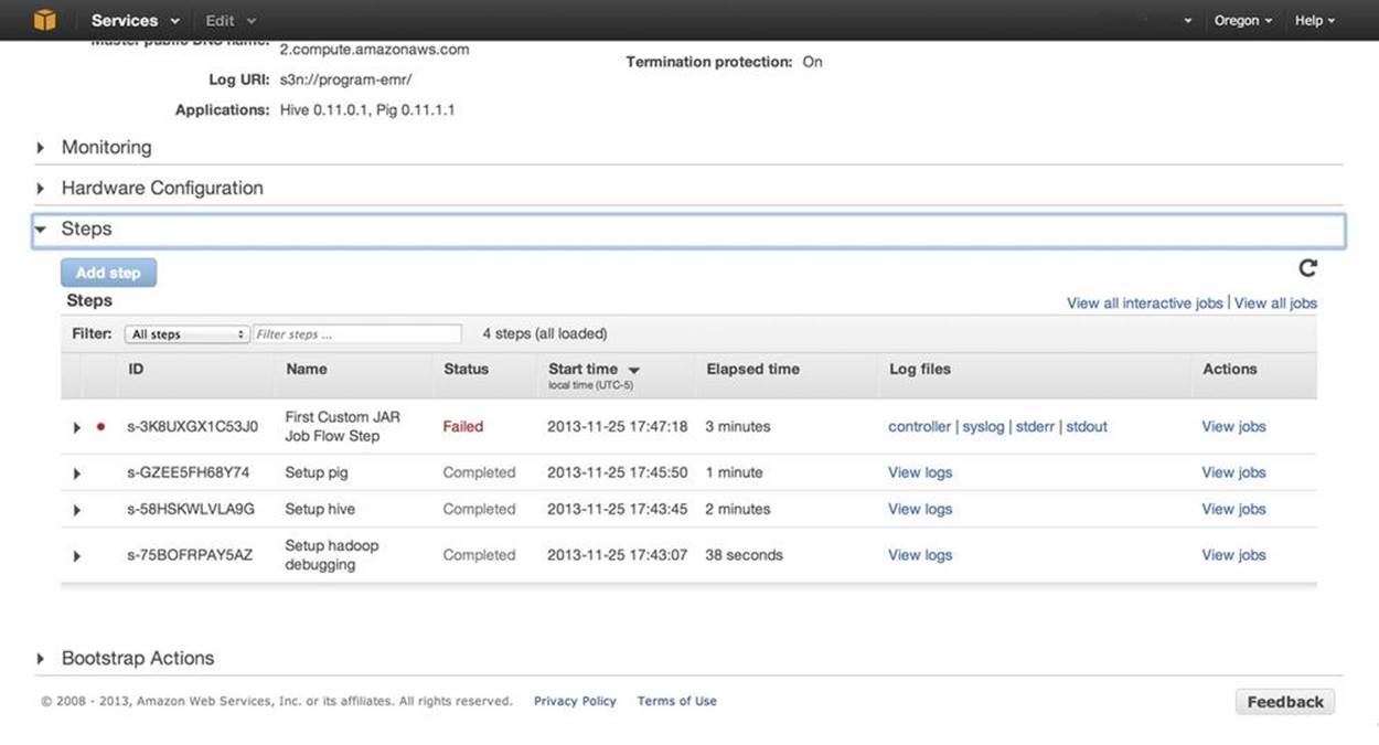 Amazon EMR Cluster Details displaying the log files and debugger actions of the failed Job Flow