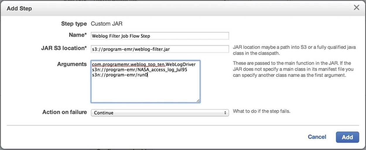 Example Amazon EMR filter Job Flow step parameters