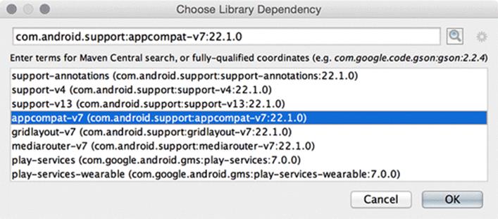 Selecting the AppCompat dependency