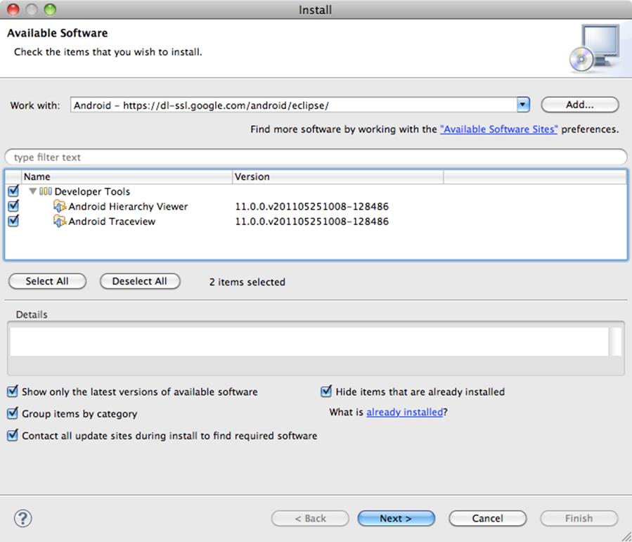 The Eclipse Install New Software dialog with the Android Hierarch Viewer plug-in shown as available