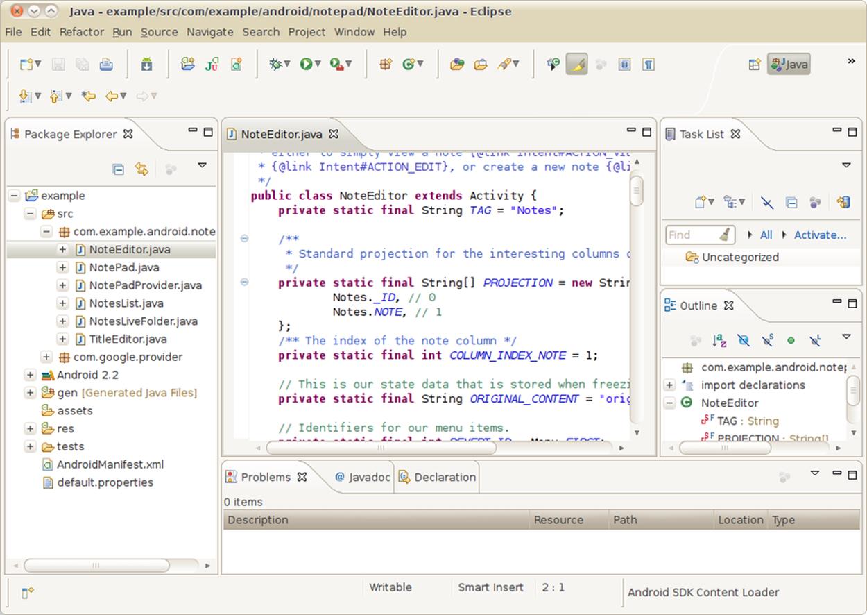 The Java editing perspective with an Android project, and an Android source file in the Java editor