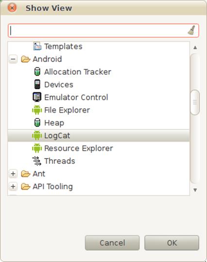 Selecting the LogCat view from the list shown