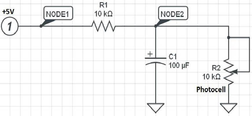 RC timing circuit with a photocell (variable resistor)