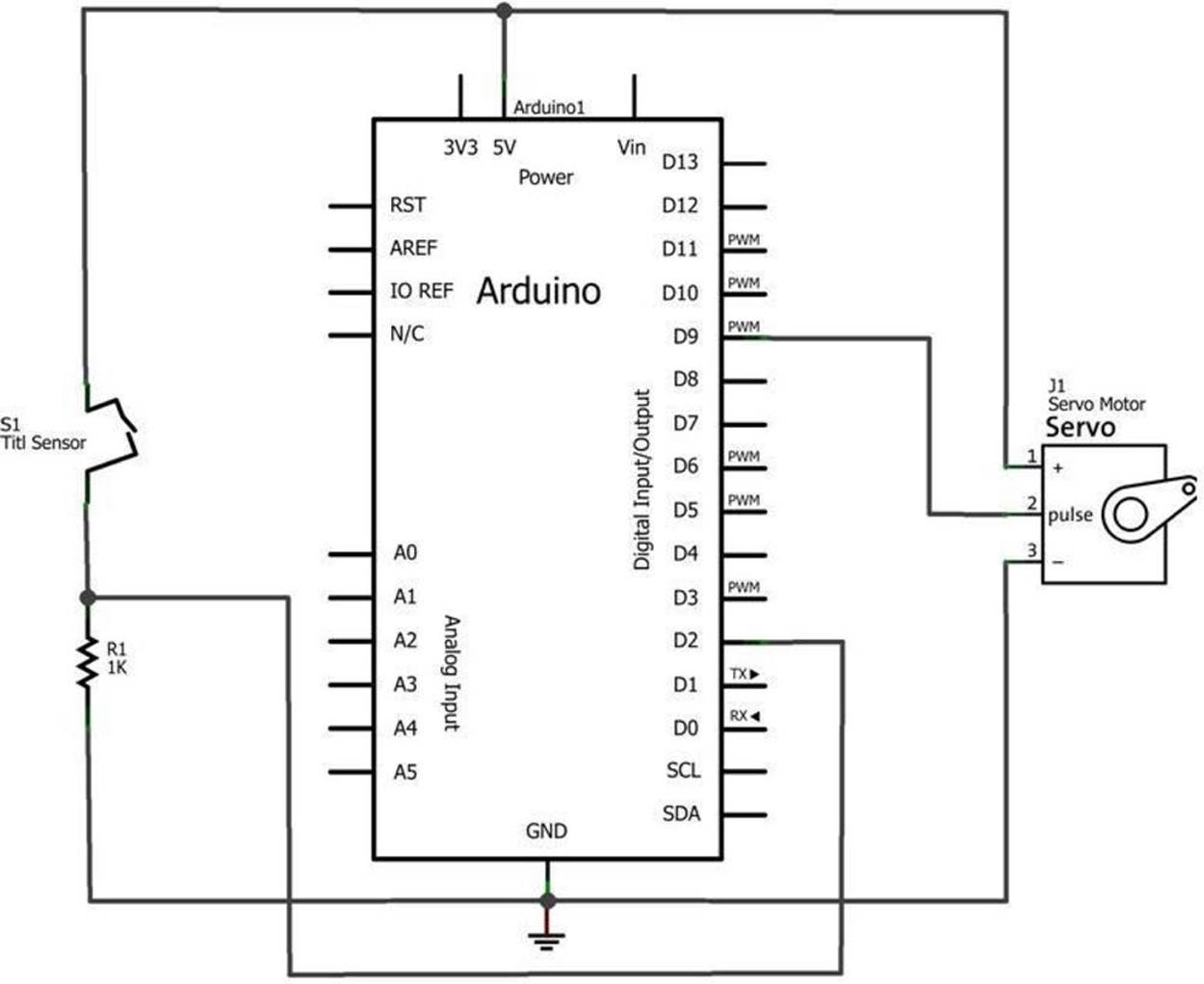 Tilt Sensing Servo Motor Controller circuit schematic diagram: orange wire (D9), red wire (+5V), and brown wire (GND)