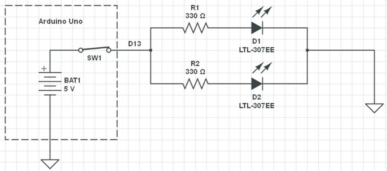 Two LED circuits wired in parallel to the Arduino D13 pin; the arrows indicate the LEDs are on