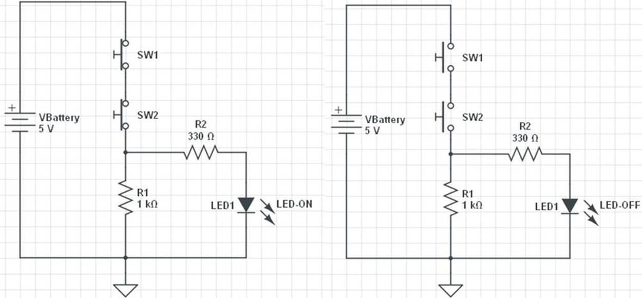 Circuit schematic diagram showing an AND Logic Gate controlling an LED