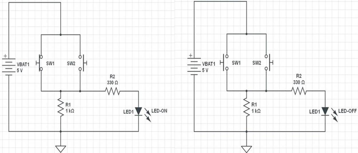 Circuit schematic diagram for the OR Logic Gate controlling an LED