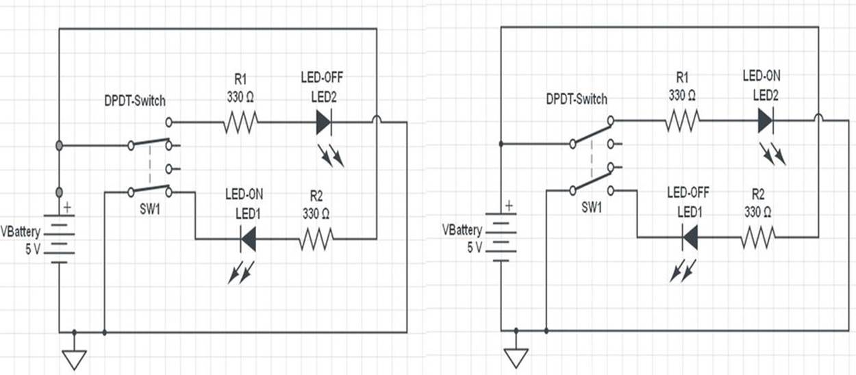Circuit schematic diagram for a DPDT switch toggling two LEDs