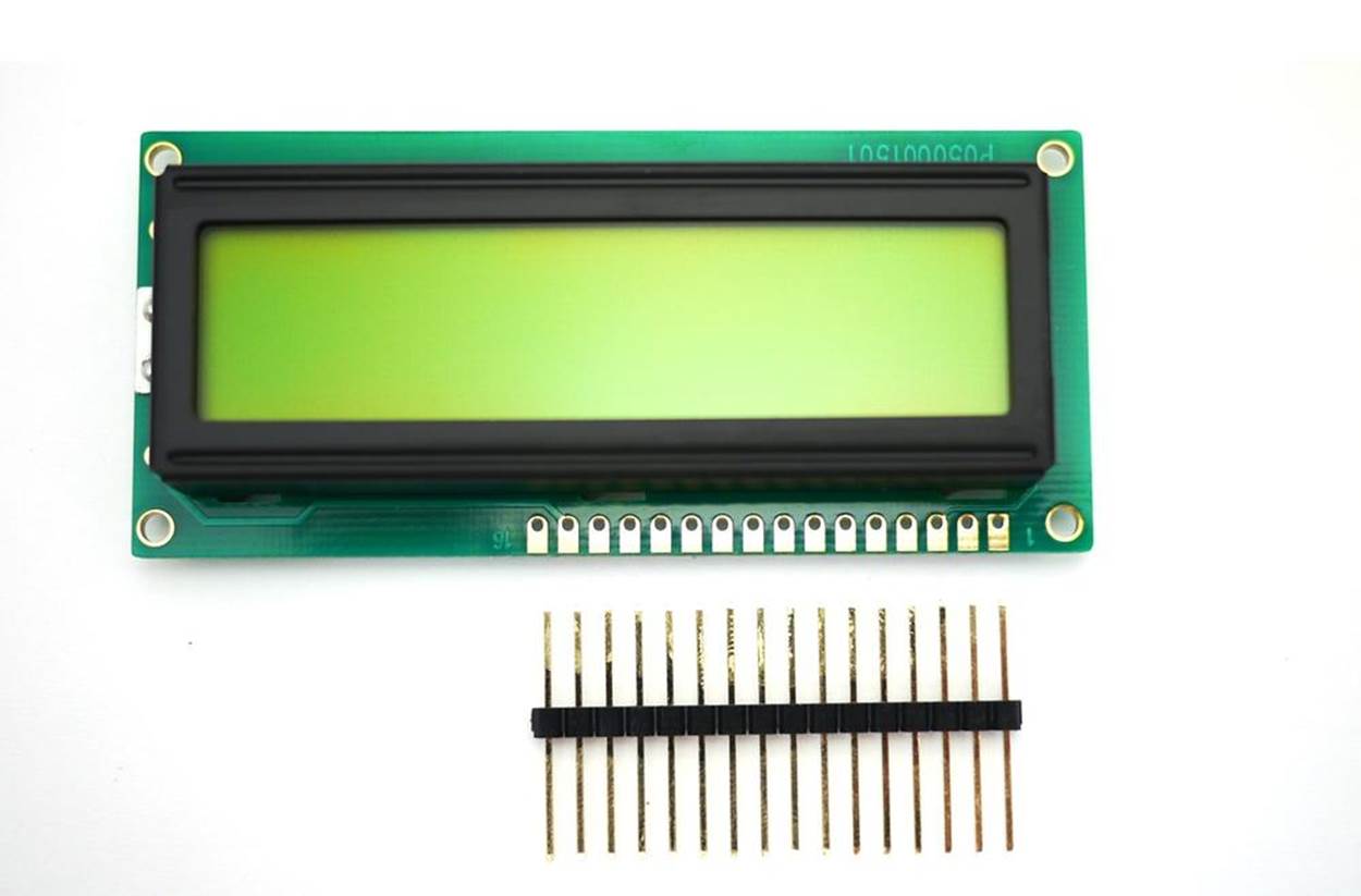 The 16-pin male header cut to match the length of the LCD copper pad holes