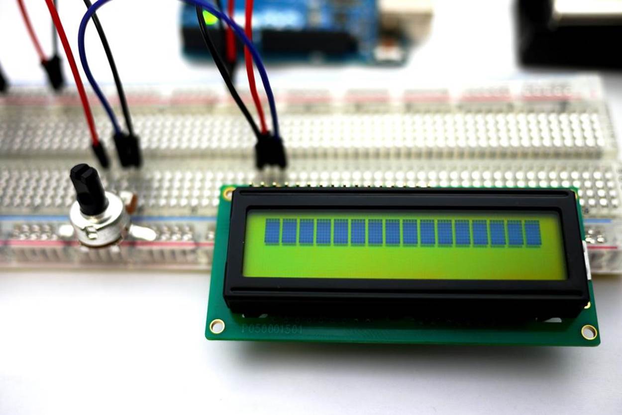 Testing the LCD wiring on a full-size clear breadboard