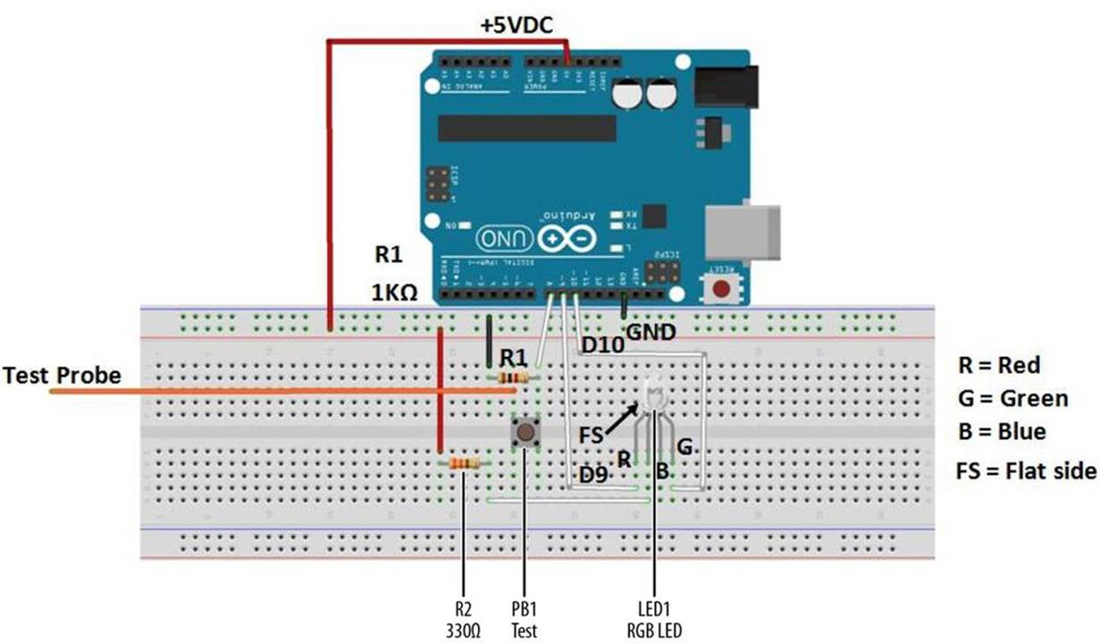 Fritzing diagram for a logic tester with an RGB LED