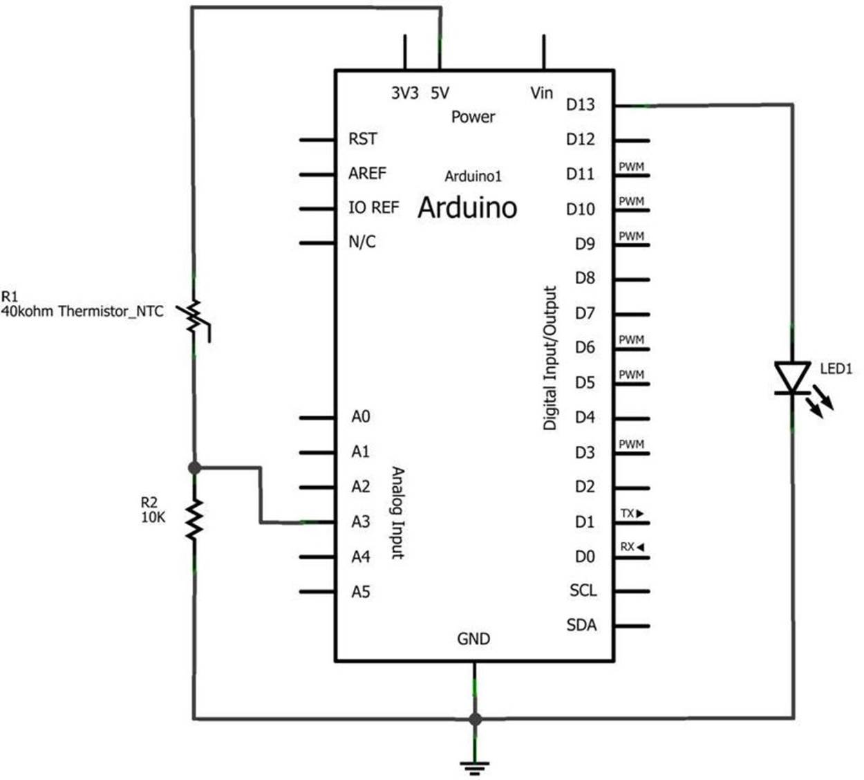 The Temperature Indicator Fritzing circuit schematic diagram