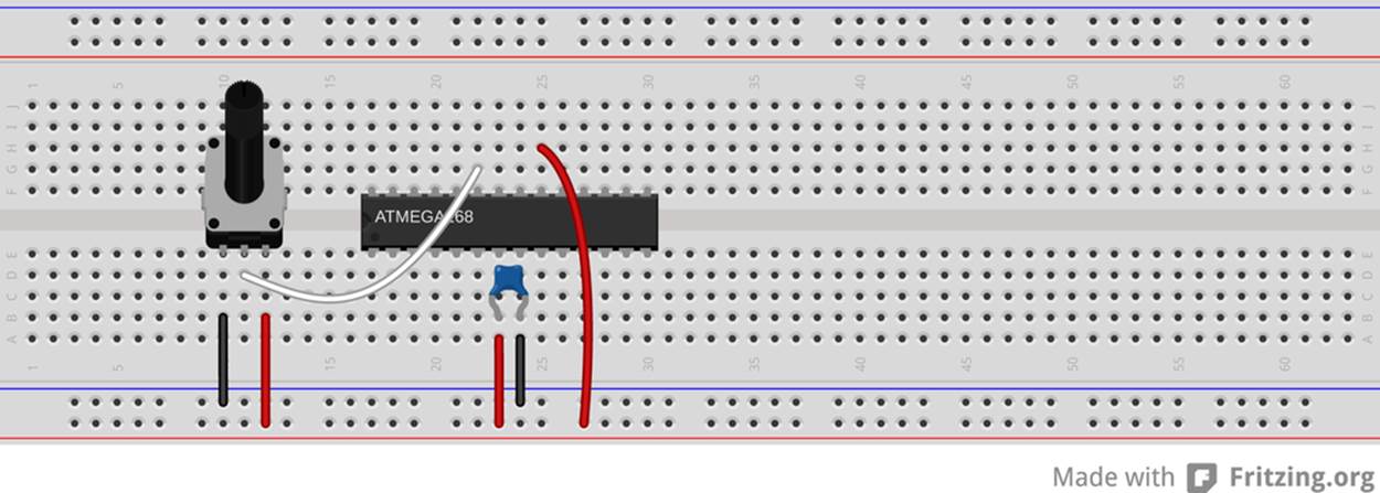 Potentiometer voltage divider on the breadboard