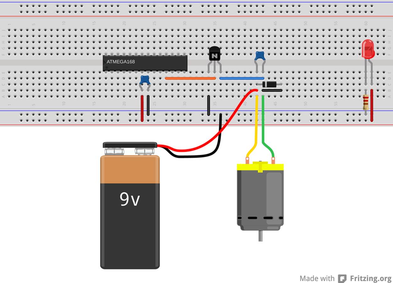 DC Motor on a breadboard with a battery