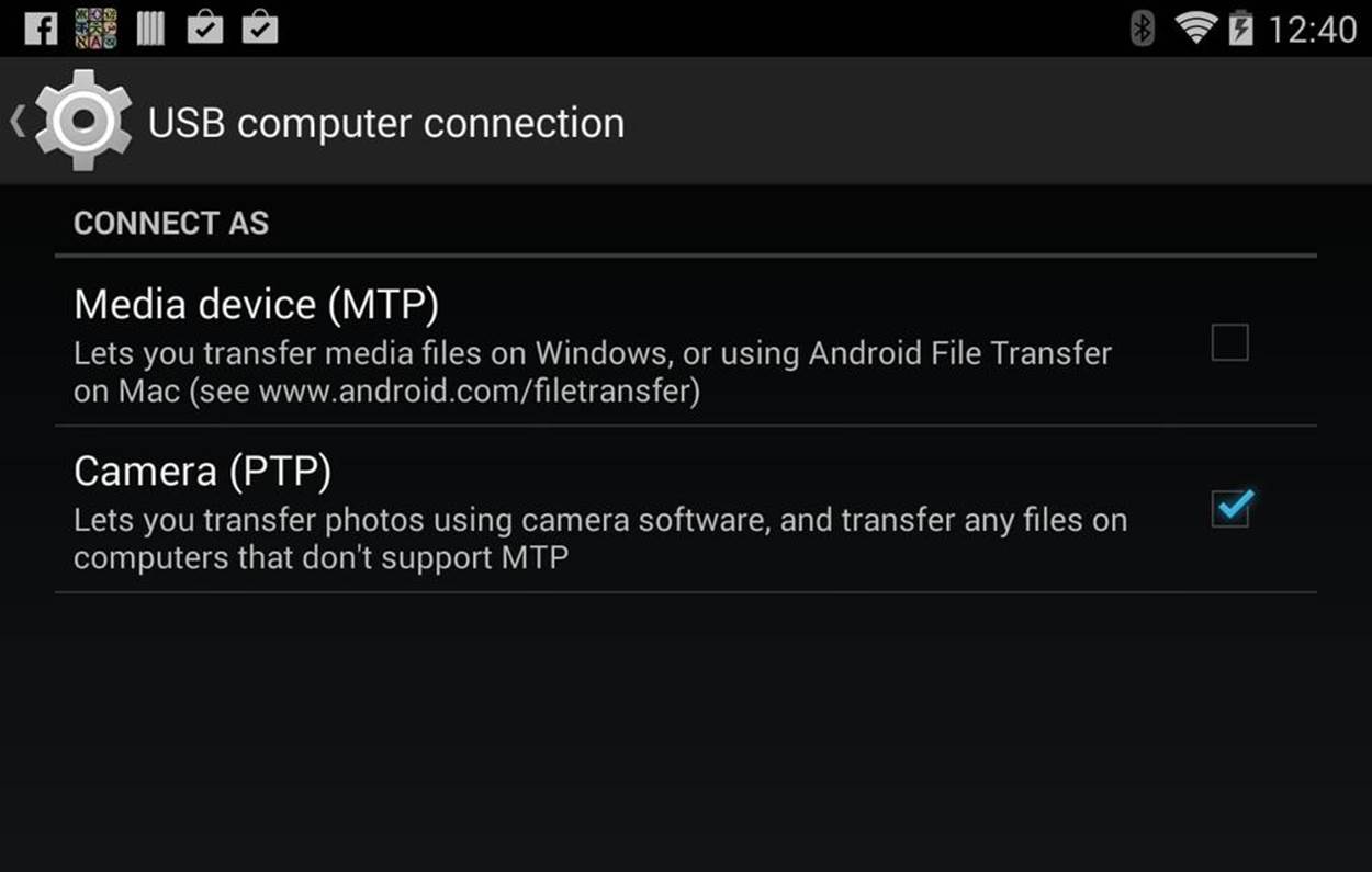 Configuring the Android as a camera to transfer files