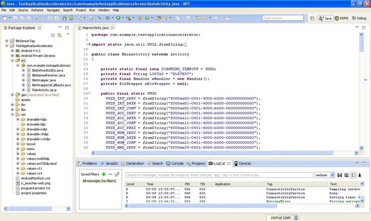 The Android ADT main Java window
