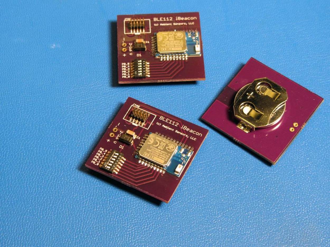 BLE112 modules programmed as iBeacons and powered by CR2032 coin cells.