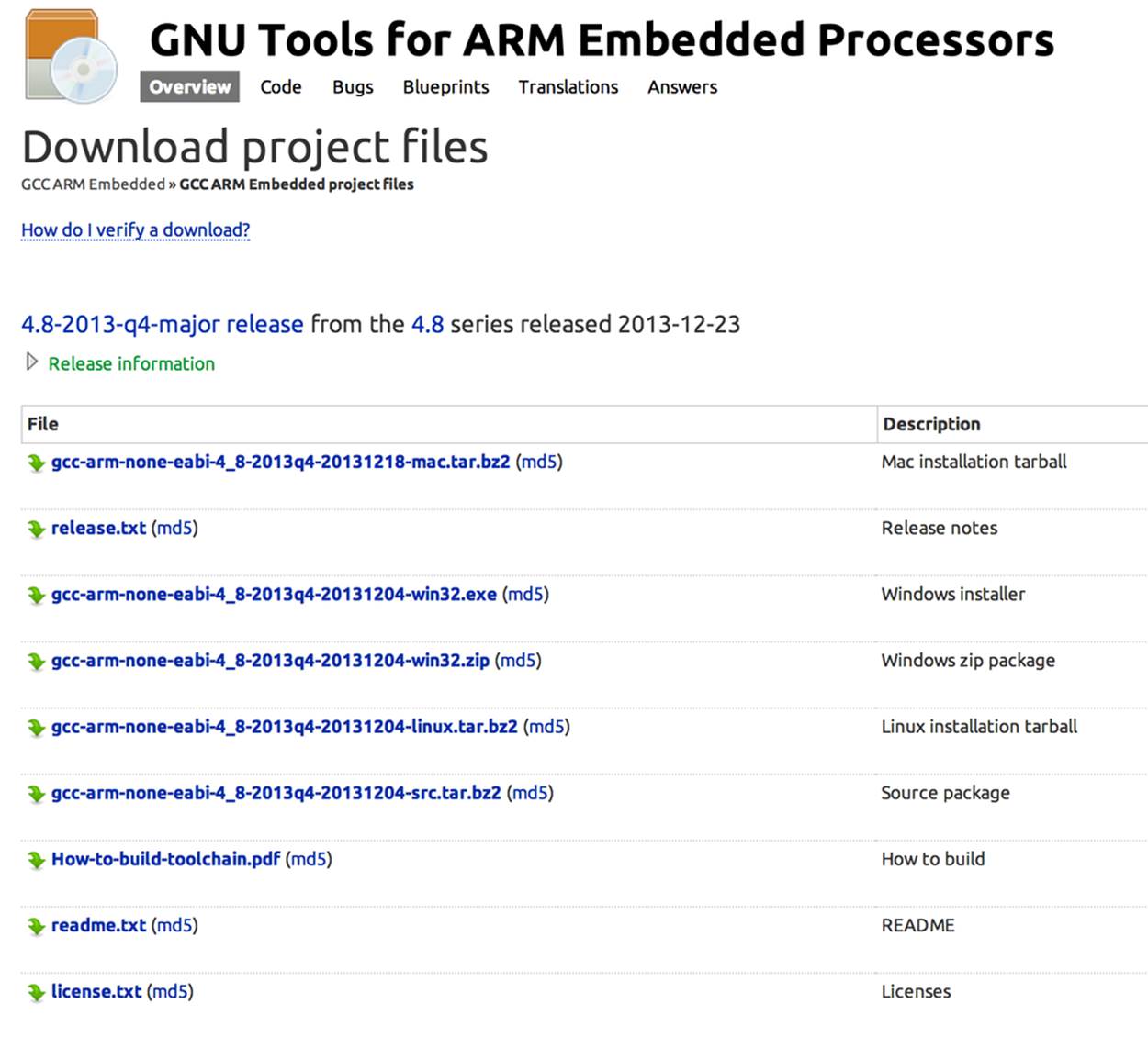 Download options for GNU Tools for ARM Embedded Processors