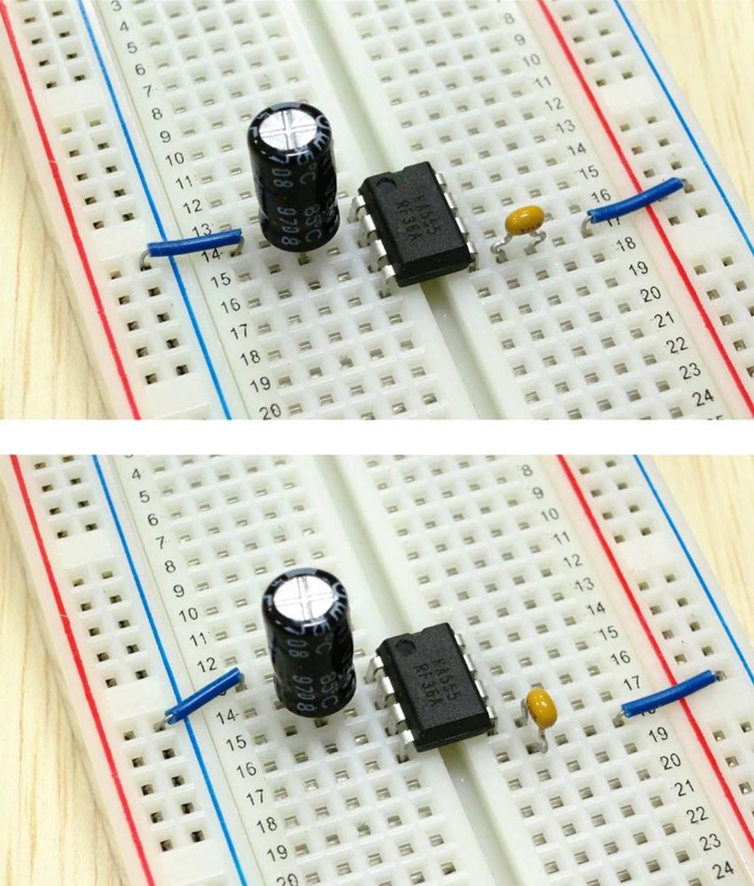 The two most common types of breadboarding errors are illustrated in the upper photograph, and are shown corrected in the lower photograph.