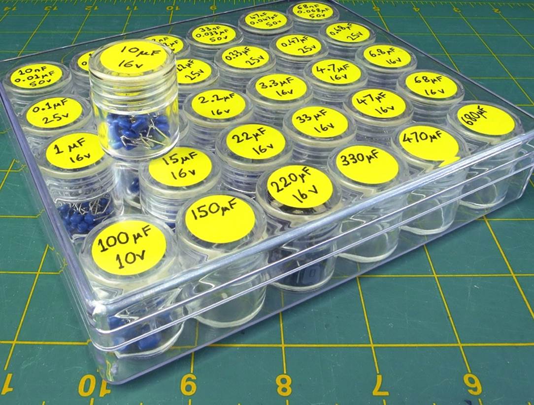 Modern multilayer ceramic capacitors are so small, storage containers designed for beads are ideal.