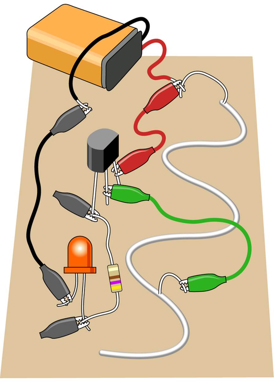 Your first experiment: All you need is a transistor, a 220Ω resistor, a 9V battery, patch cords and pieces of wire, and some white glue and cardboard.