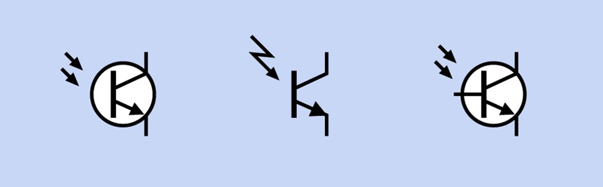 Schematic symbols representing a phototransistor. Those at left and center are functionally identical. The symbol on the right indicates that a connection to the base is available to supplement the voltage induced by incoming light.