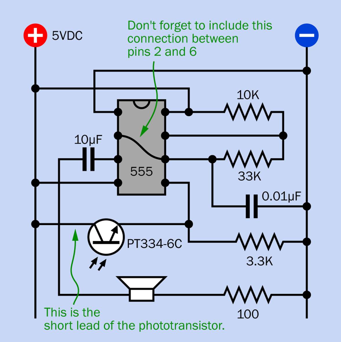 This demo circuit creates an audible indication of the function of a phototransistor.