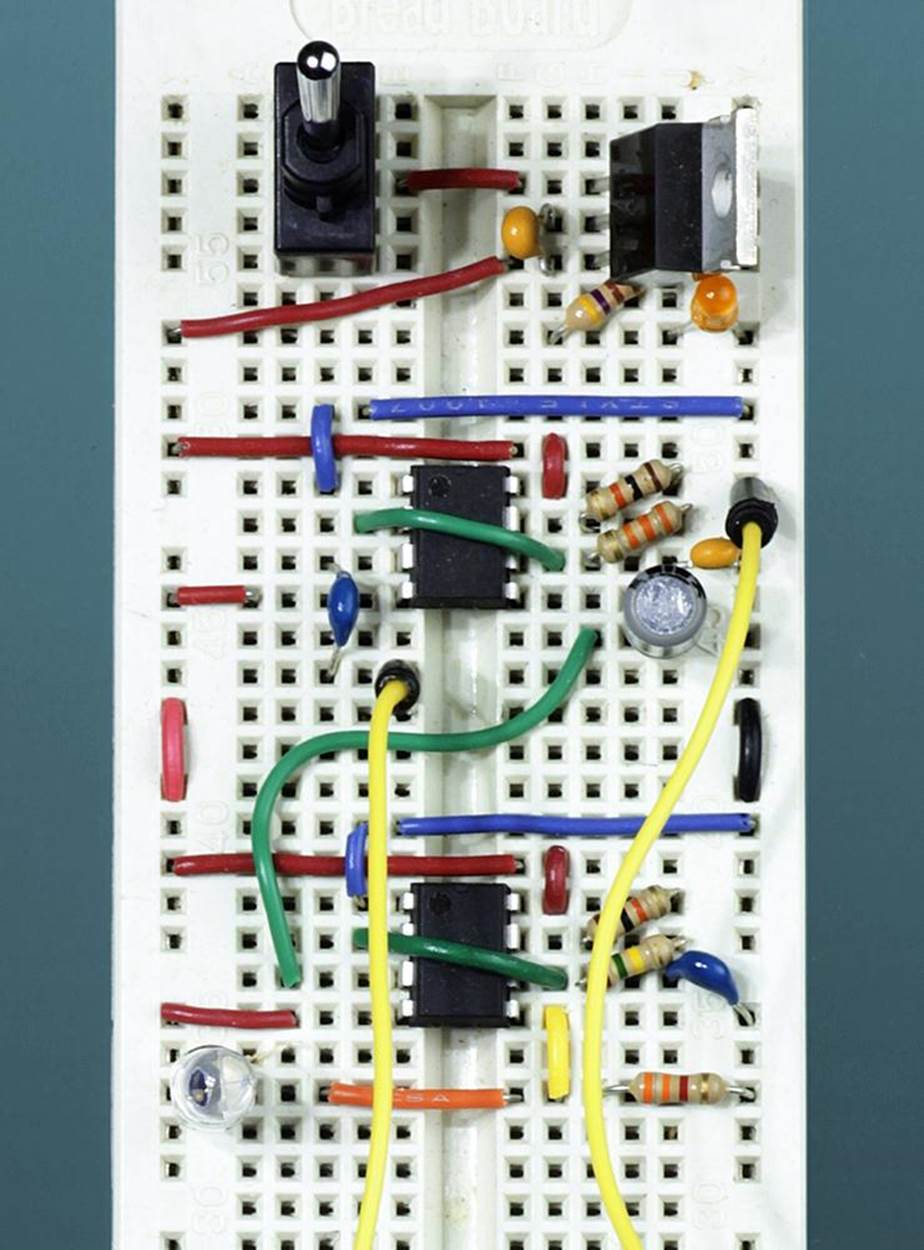 A breadboarded version of the two-timer schematic.