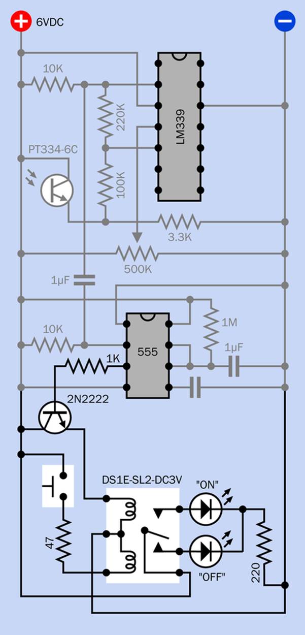 The previous schematic has been extended by adding a relay. Previous wiring is gray.