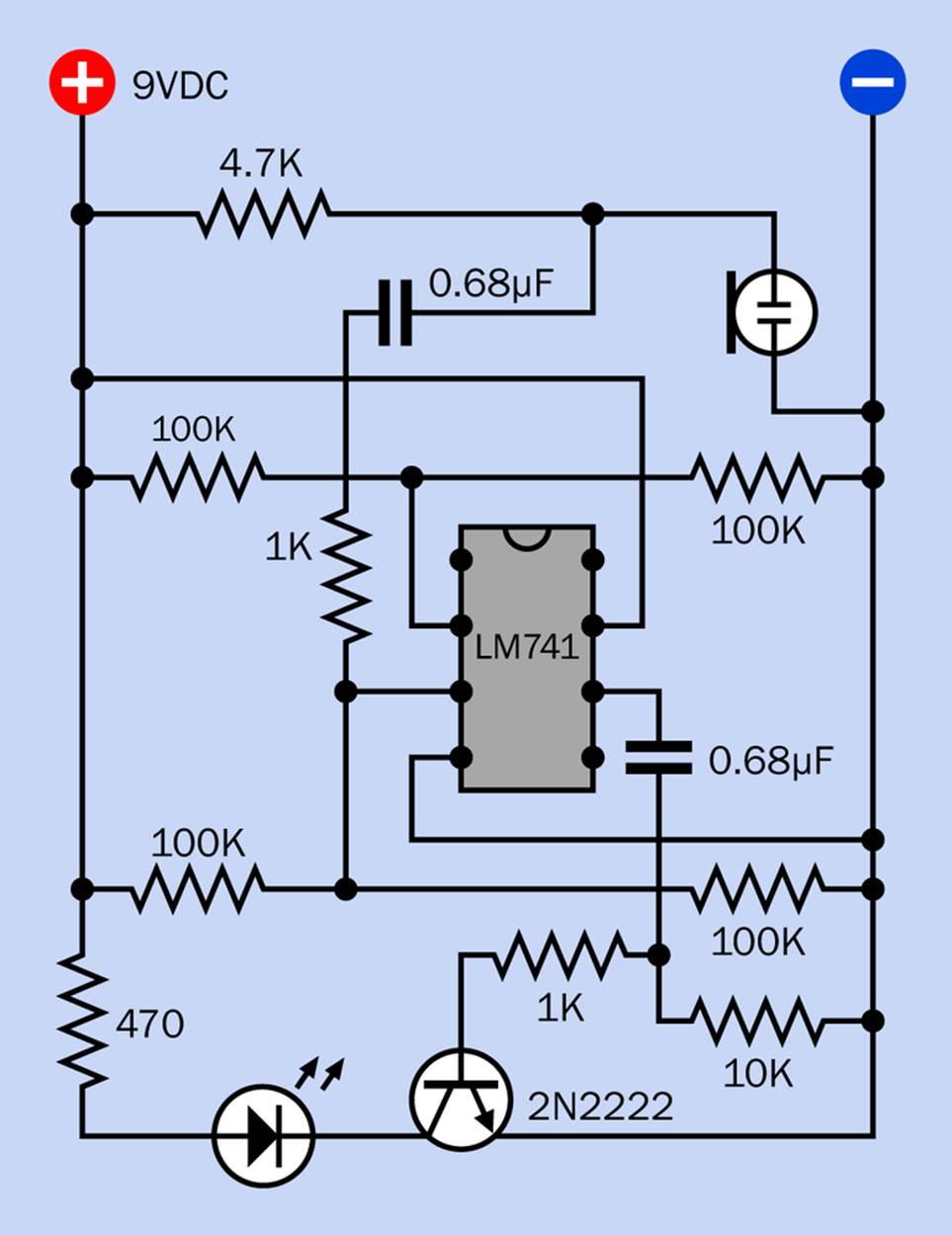 This op-amp test circuit will flash the LED whenever the electret microphone picks up sound of moderate intensity.