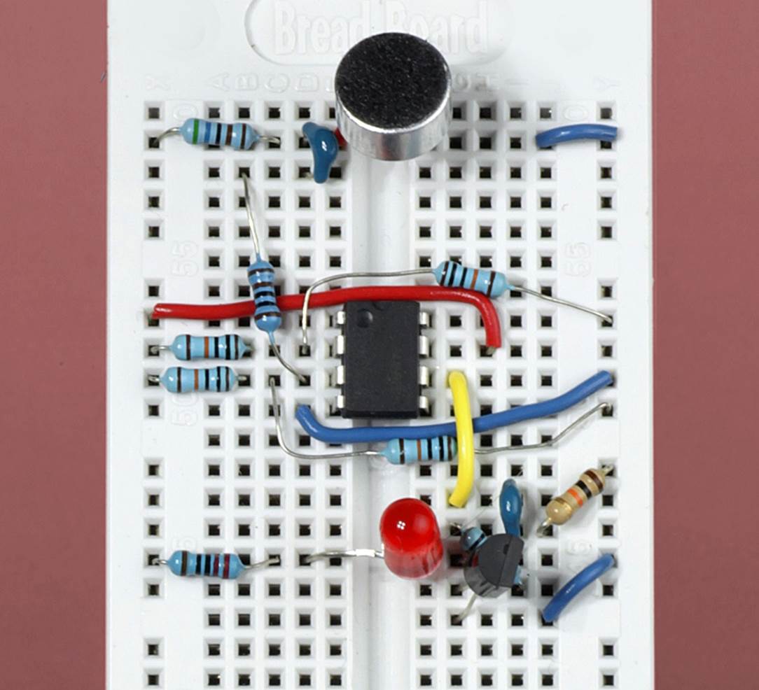The circuit with a noise-activated LED, breadboarded (9V battery is not shown).
