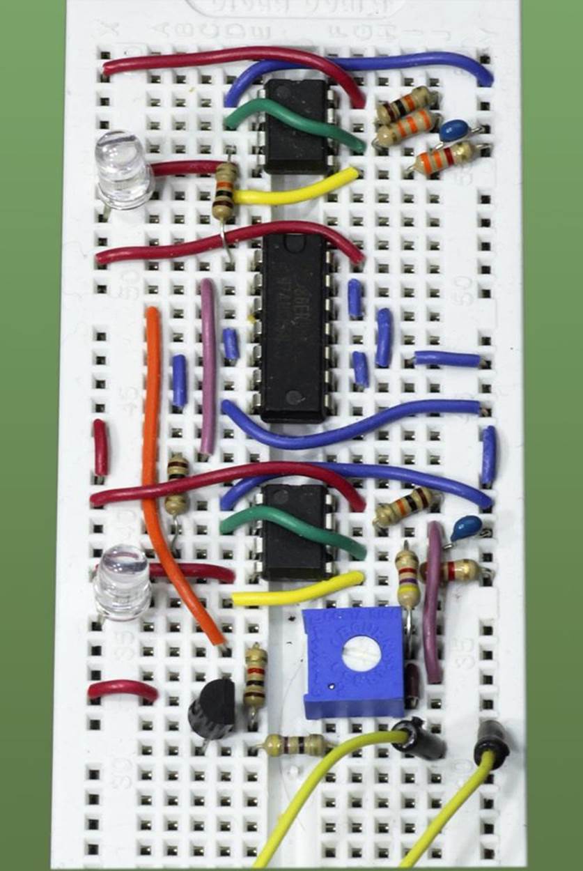 The breadboarded version of the previous schematic.