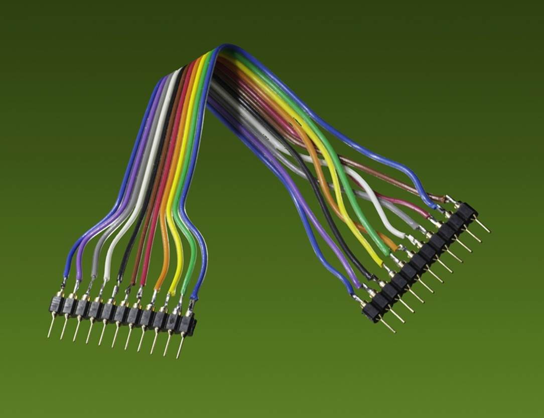 A piece of ribbon cable with header pins soldered to each end. The conductors are swapped around to create connections shown in the previous figure.