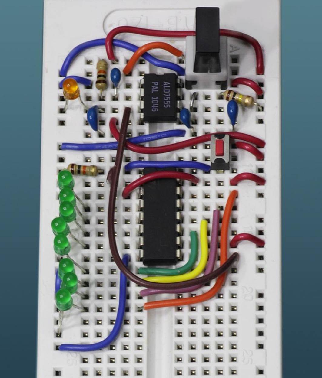 The breadboarded version of the shift-register test circuit.