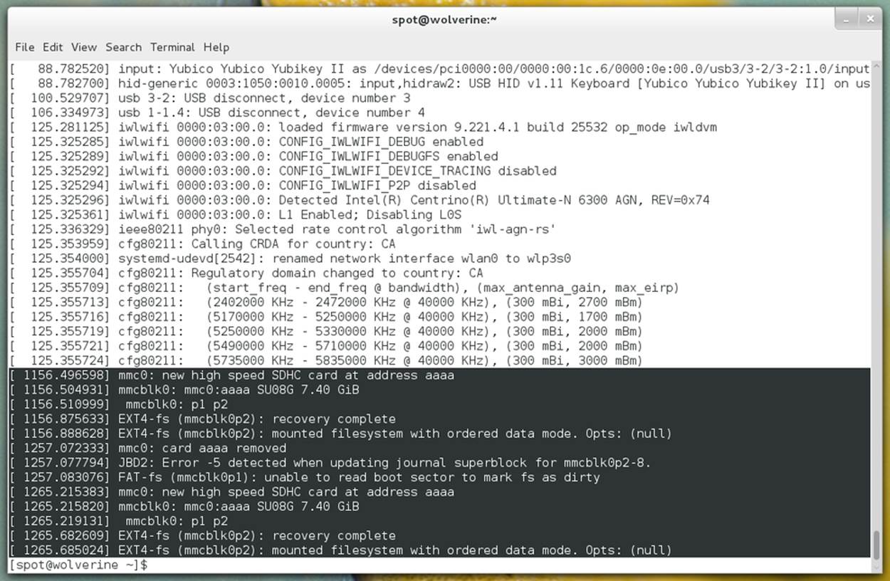 Output from dmesg on Fedora 19, with the MMC block device messages highlighted