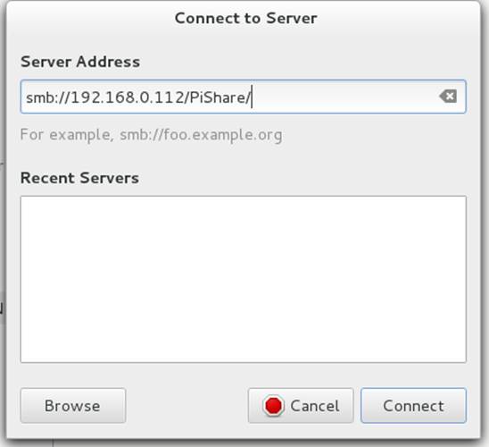 Fedora Connect to Server dialog